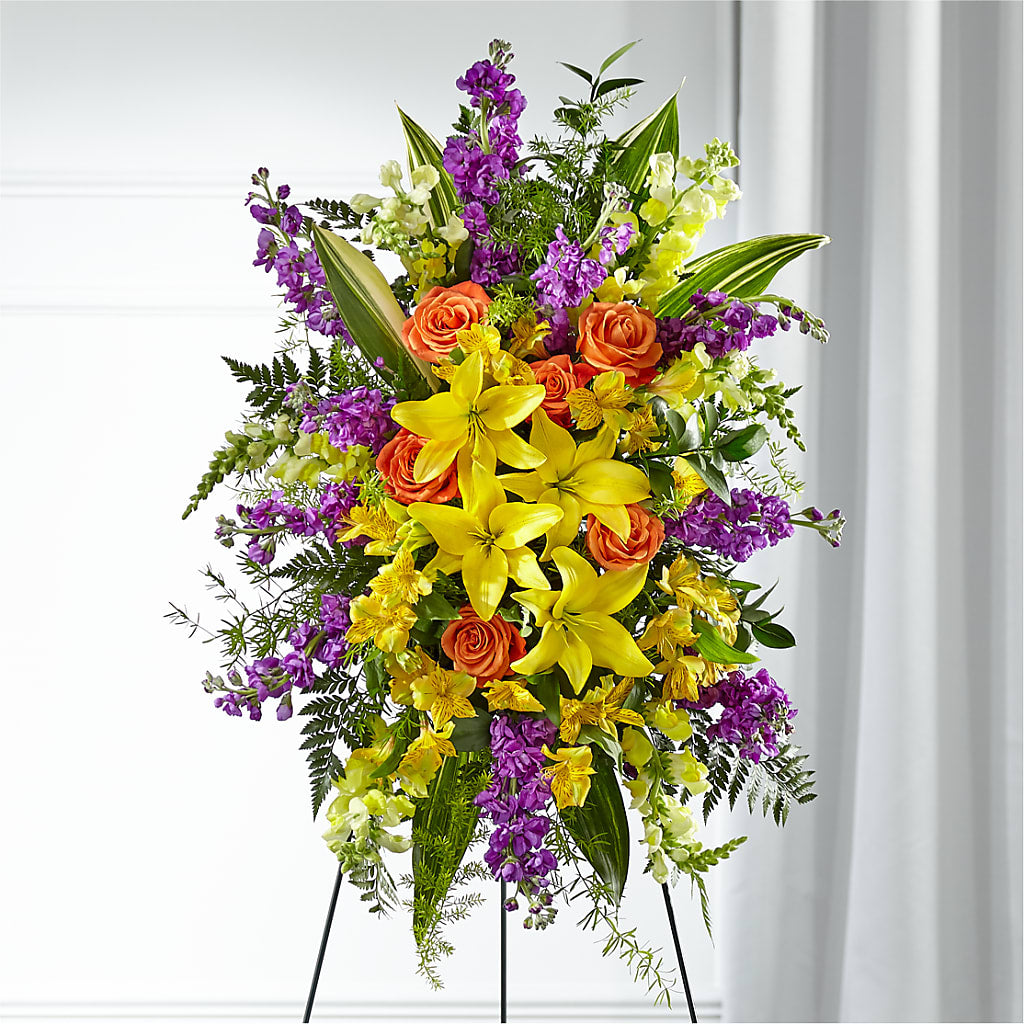 Thoughtful Prayers Standing Spray – Blooming Flowers, Mobile AL