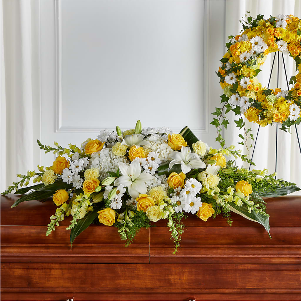Golden Harmony Casket Spray – Blooming Flowers, Mobile AL