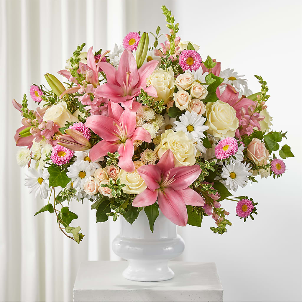Empathetic Blooms Urn Arrangement – Blooming Flowers, Mobile AL
