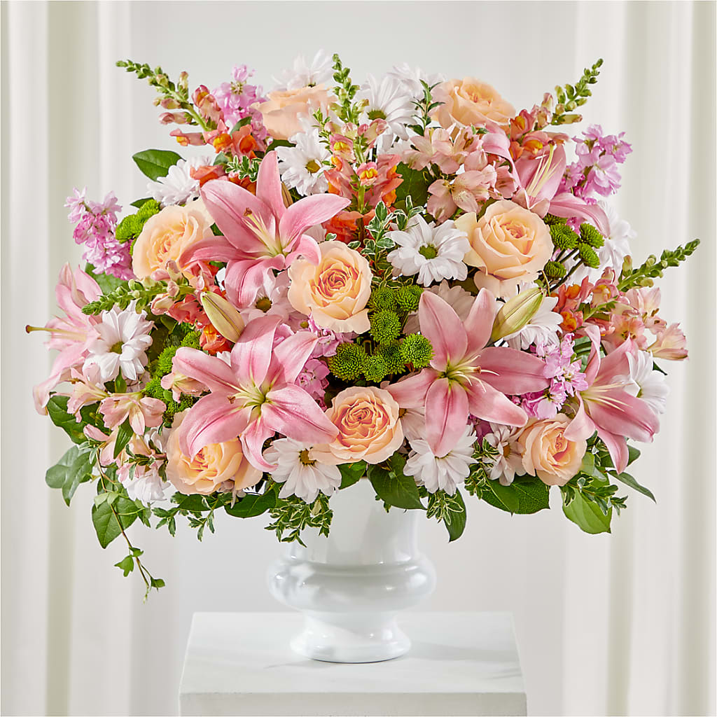 Heartfelt Gesture Urn Arrangement – Blooming Flowers, Mobile AL