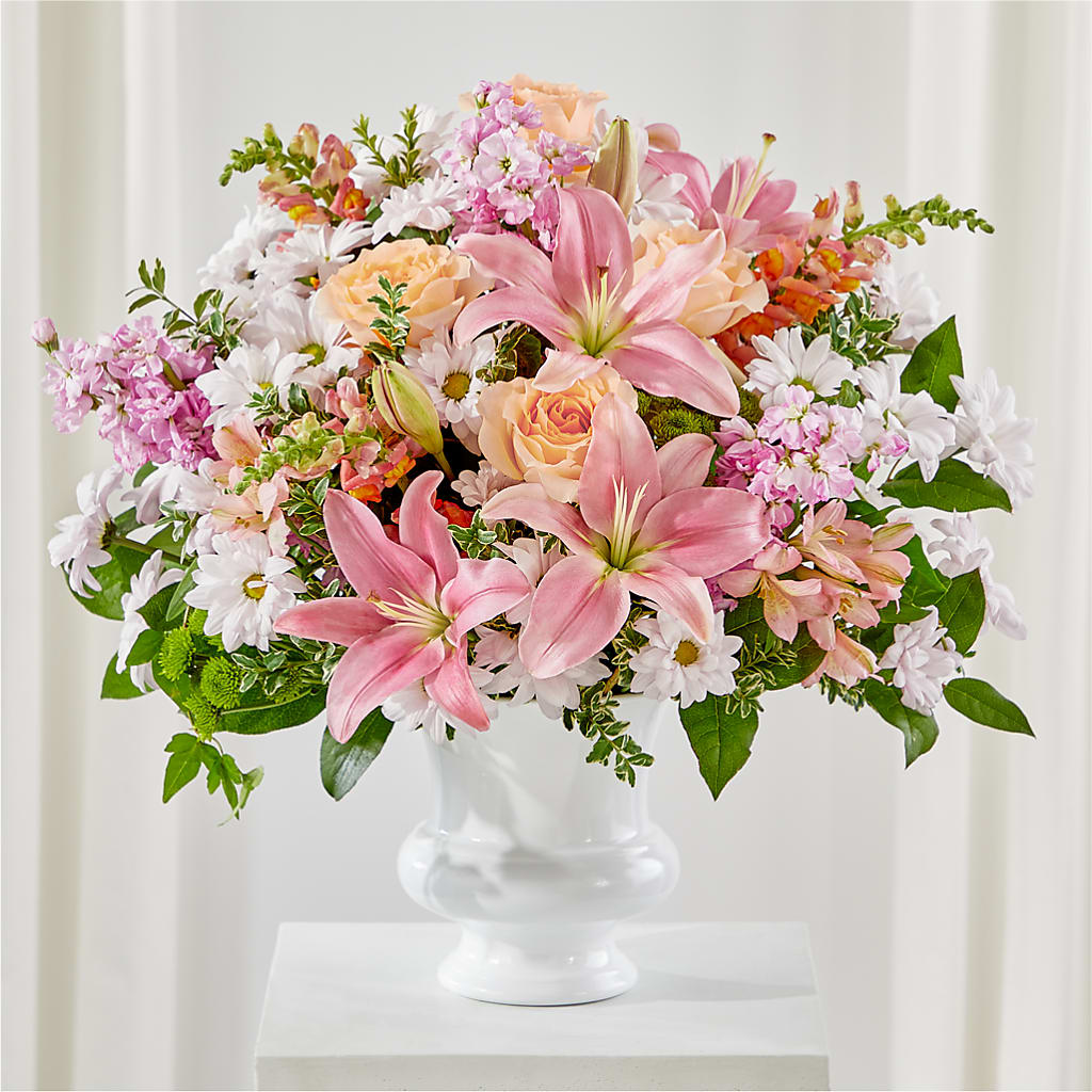 Heartfelt Gesture Urn Arrangement – Blooming Flowers, Mobile AL