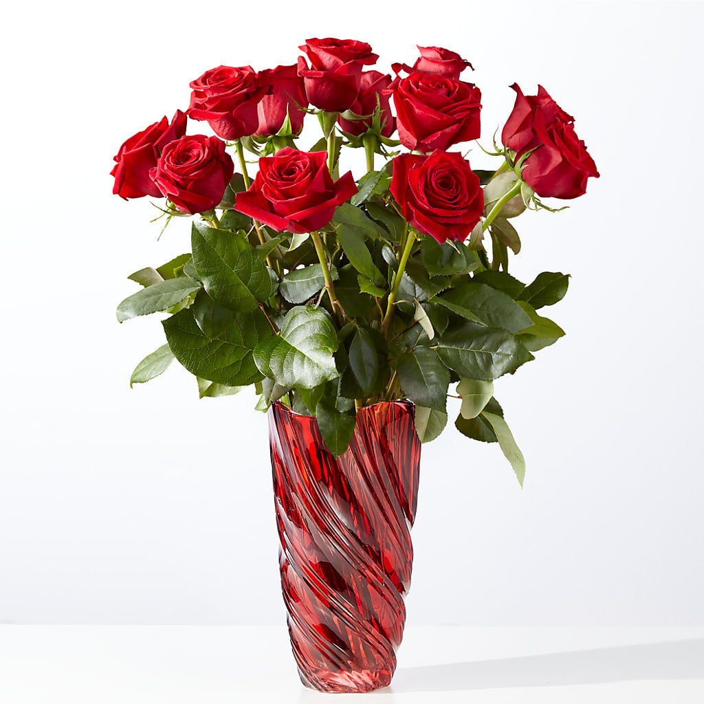 Classic Love Red Rose Bouquet with Luxe Swirl Vase – Blooming Flowers, Mobile AL