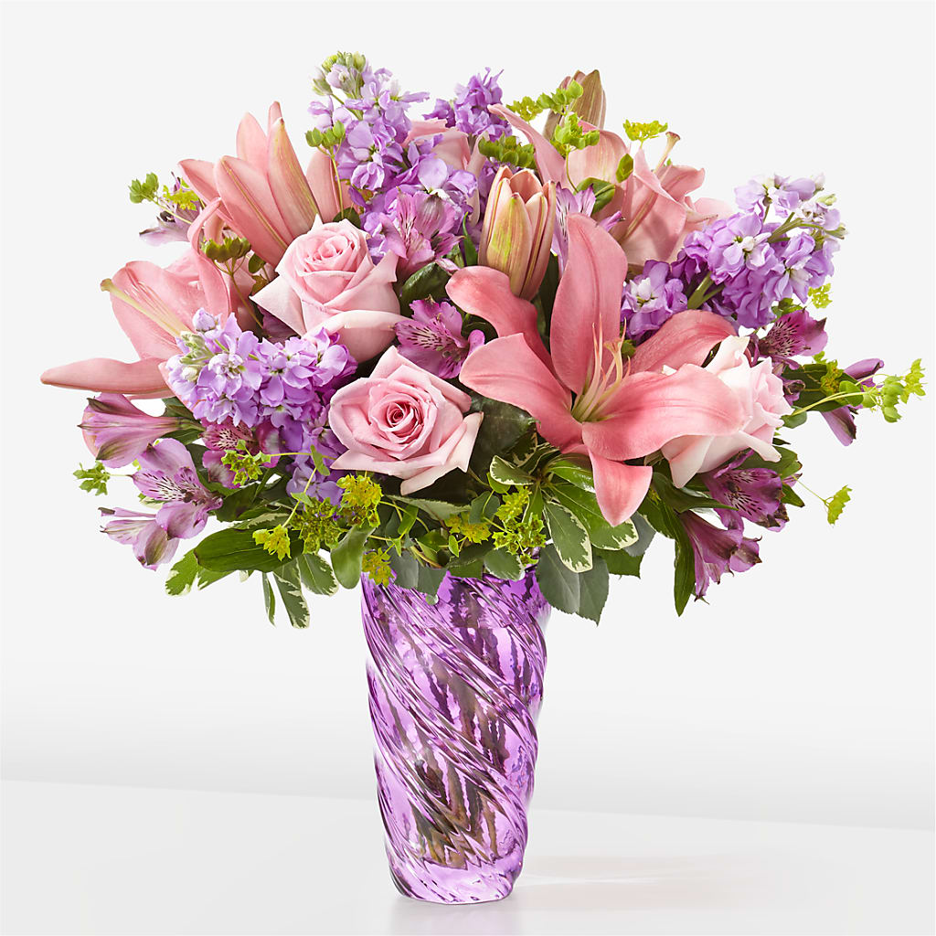 Precious Petals Bouquet with Luxe Swirl Vase – Blooming Flowers, Mobile AL