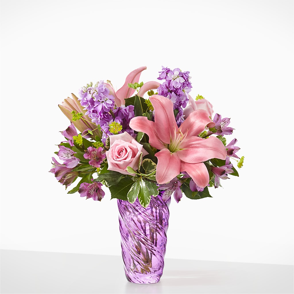Precious Petals Bouquet with Luxe Swirl Vase – Blooming Flowers, Mobile AL